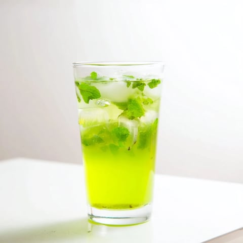 Two tall glasses of Celery Ginger Lemon Juice filled with vibrant green liquid, garnished with celery stalks and fresh mint leaves against a bright kitchen backdrop.