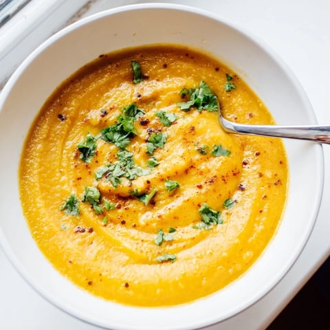 Golden roasted butternut squash and lentil soup in a rustic bowl, garnished with fresh parsley and a lemon wedge.