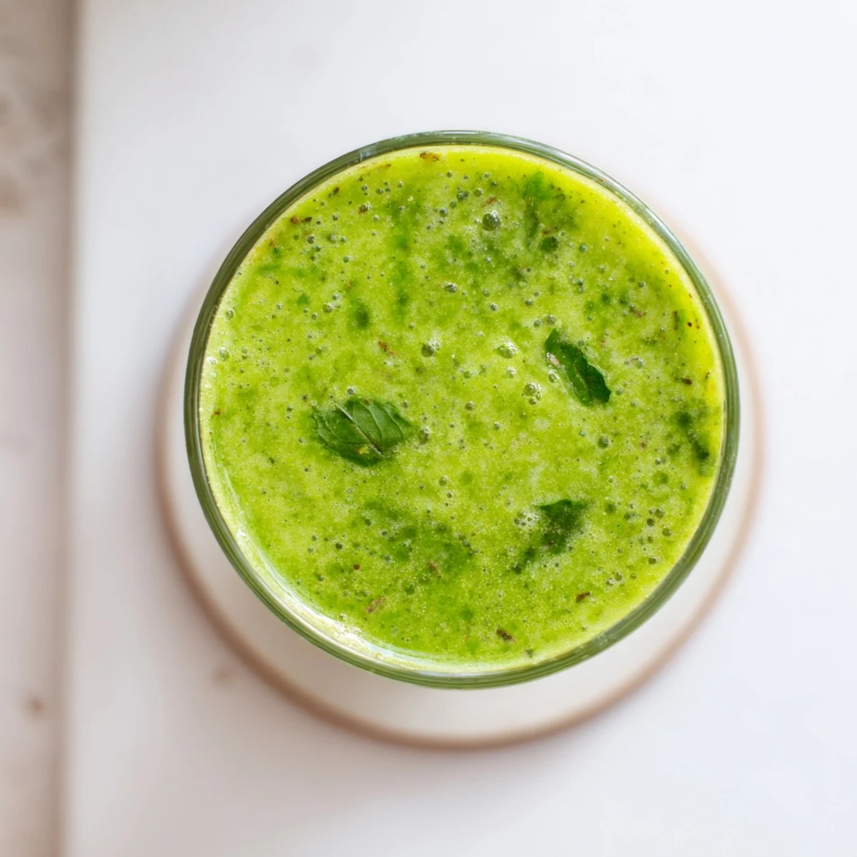 A refreshing glass of Green Detox Smoothie garnished with mint leaves, ready for a revitalizing morning start.