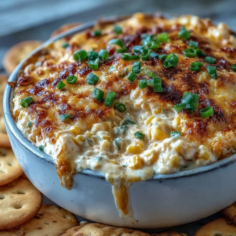 Creamy Crack Corn Dip in a white bowl with a golden crust, surrounded by crisp tortilla chips.