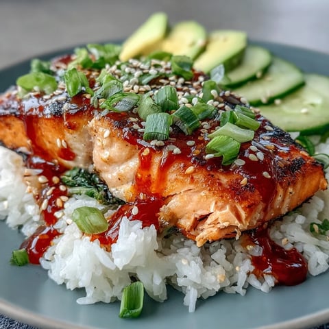 Over a bed of fluffy jasmine rice, glazed Honey Sriracha Salmon sits next to crisp cucumber and creamy avocado slices.