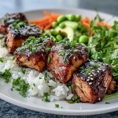 Golden-brown broiled salmon cubes top a bed of fluffy steamed rice, crisp cucumbers, and sliced avocado in a Baked Salmon Rice Bowl.