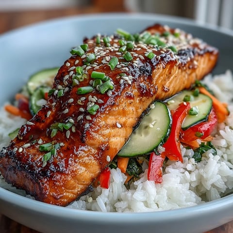 Flaky Asian-Inspired Salmon Bowl with soy-ginger glazed fish, fluffy rice, crisp veggies, and sesame seeds.