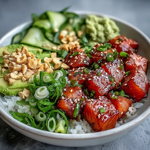 Freshly prepared Avocado Salmon Bowl with glazed salmon, creamy avocado slices, and a drizzle of chili oil over seasoned sushi rice.
