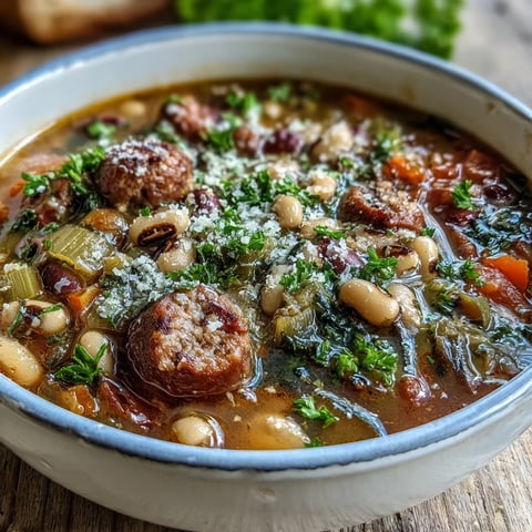 Hearty Black-Eyed Peas and Sausage Soup simmers with Italian sausage and vegetables in a savory broth.