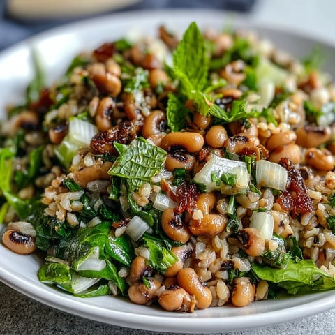 Southern Black Eyed Pea Salad with brown rice and fresh mint in a white bowl, glistening with zesty lemon dressing.