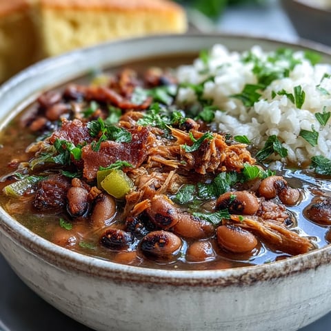Classic New Years Black-Eyed Peas simmering in a Dutch oven with smoked pork neck bones, onions, and aromatic spices.