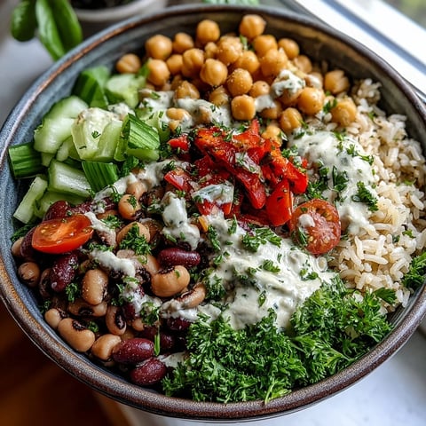 Freshly diced red bell pepper and celery mixed with black-eyed peas and chickpeas for a vibrant New Years Hoppin John Salad.