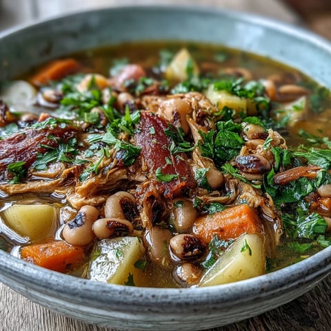 Hearty Black-Eyed Pea Stew with Smoked Ham Hocks, garnished with fresh parsley and served with cornbread on the side.