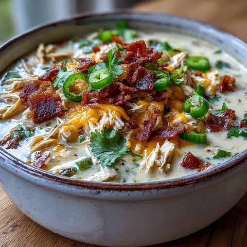 Creamy Spicy Jalapeño Popper Chicken Soup in a rustic bowl, topped with crumbled bacon and fresh cilantro for a cozy meal.