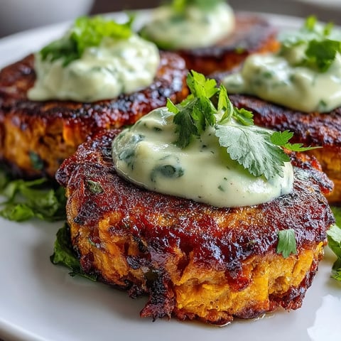 Golden-brown Crispy Sweet Potato & Red Lentil Patties topped with creamy avocado cilantro sauce.