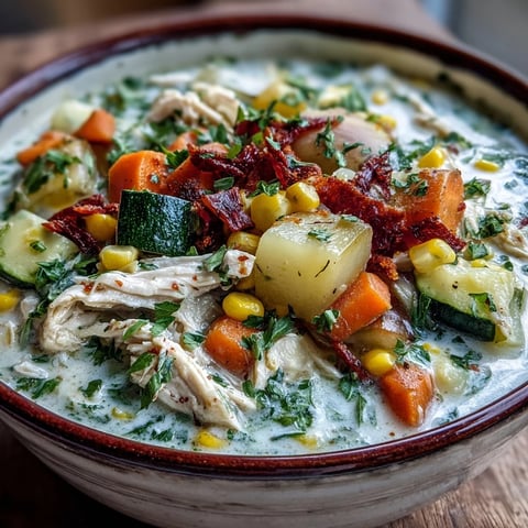 Creamy Ranch Chicken Veggie Soup steaming in a rustic bowl, loaded with tender chicken, colorful vegetables, and fresh herbs.