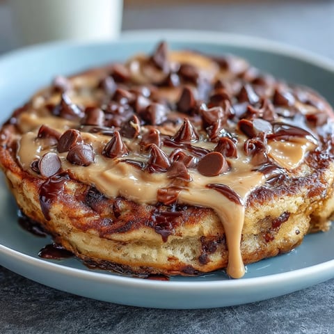 Freshly baked Peanut Butter Cup Protein Pancake Bowl with melted chocolate chips and a rich, creamy peanut butter drizzle.