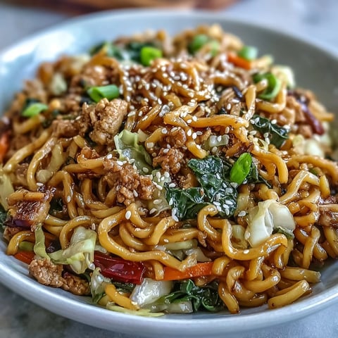 Korean Turkey Fried Noodles served steaming hot, tossed with crisp bell peppers and carrots, and garnished with fresh green onions.