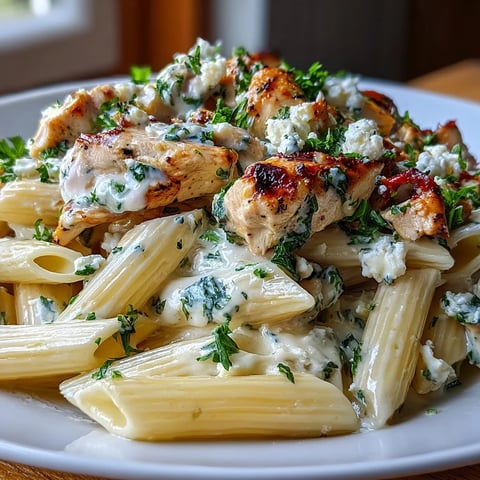 Creamy Lemon Feta Chicken Pasta in a skillet with golden chicken and penne coated in a silky lemon sauce.