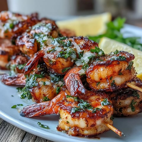 Grilled shrimp skewers with lemon herb marinade, lightly charred and glistening, served on a platter with fresh lemon wedges.