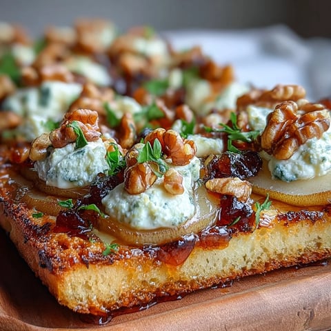 Crispy flatbread with creamy goat cheese, sweet pears, caramelized onions, and crunchy walnuts, drizzled with spicy hot honey.  