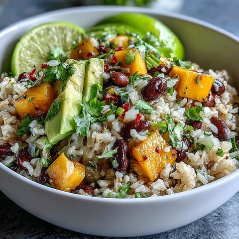 Colorful Mango and Black Bean Brown Rice Fiesta Bowls topped with fresh avocado, cherry tomatoes, and zesty lime dressing.  