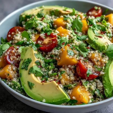 A colorful tropical salad with mango, avocado, and quinoa, tossed in a zesty lime dressing for a refreshing summer meal.