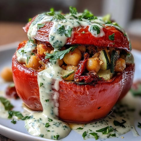Vibrant vegan Mediterranean chickpea stuffed peppers drizzled with creamy lemon tahini sauce, served on a rustic wooden platter.  