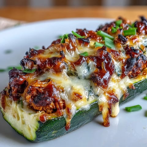 Healthy BBQ chicken stuffed zucchini boats with melted cheese, served fresh from the oven on a baking sheet.