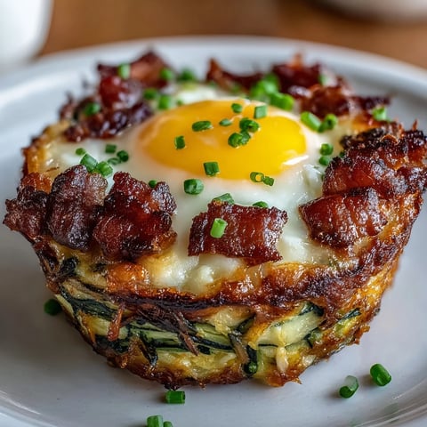 Keto bacon and egg zucchini nests baked to golden perfection, with crispy edges and runny yolks for a hearty breakfast.  