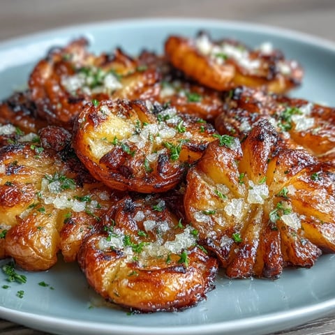 Crispy smashed baby potatoes roasted golden brown and drizzled with fragrant garlic-infused olive oil for a savory side dish.  