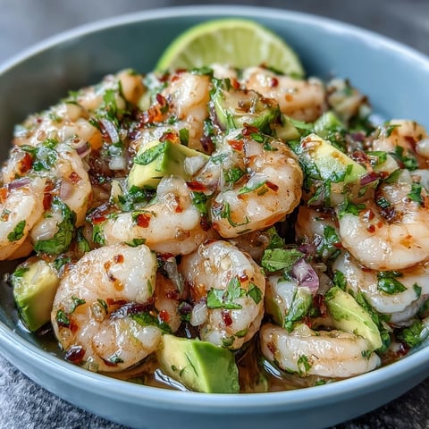 A colorful bowl of zesty chilli lime shrimp ceviche with creamy avocado, fresh cilantro, and diced tomatoes, served with crispy tortilla chips.  