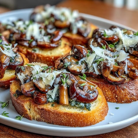 Wild Mushroom & Garlic Crostini with golden sautéed mushrooms on crisp garlic toasts, topped with Parmesan and thyme.  
