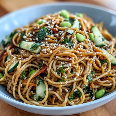 Creamy sesame ginger noodles tossed with crisp cucumber, sweet carrot, and protein-rich edamame in a vibrant bowl.  