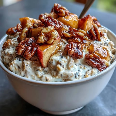 Creamy overnight oats topped with tender cinnamon-spiced apples and crunchy toasted walnuts, perfect for a hearty breakfast.
