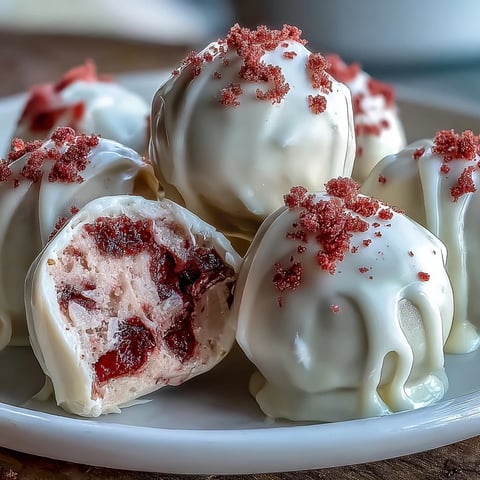 A close-up of Valentine's Day strawberry truffles dipped in silky white chocolate and garnished with crushed freeze-dried strawberries.