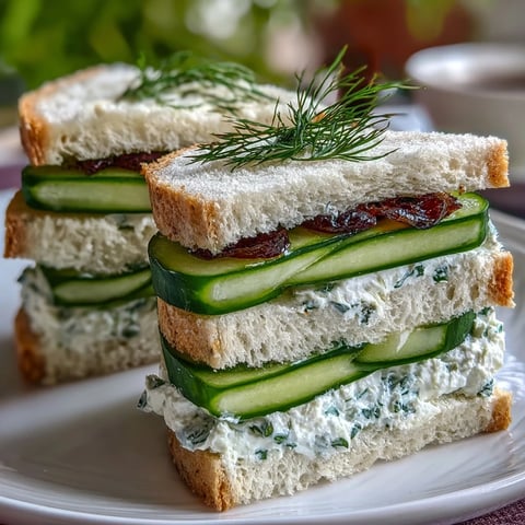 Elegant cucumber tea sandwiches with herbed cream cheese, perfect for afternoon tea or light lunches.
