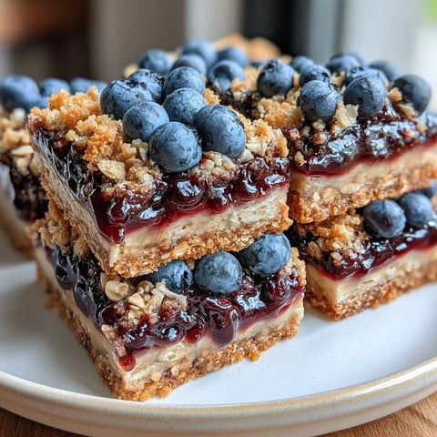 A stack of golden blueberry oat breakfast bars with juicy berry filling, perfect for a wholesome morning snack.