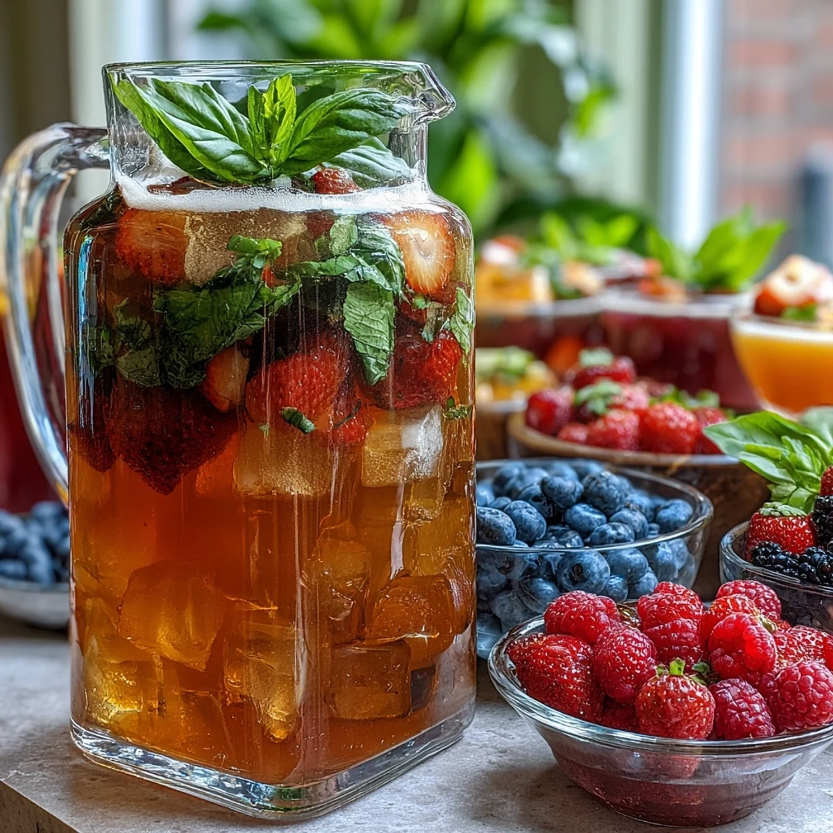 A colorful summer lemonade bar with classic lemonade and DIY fruit, herb, and syrup mix-ins for a refreshing party drink station.