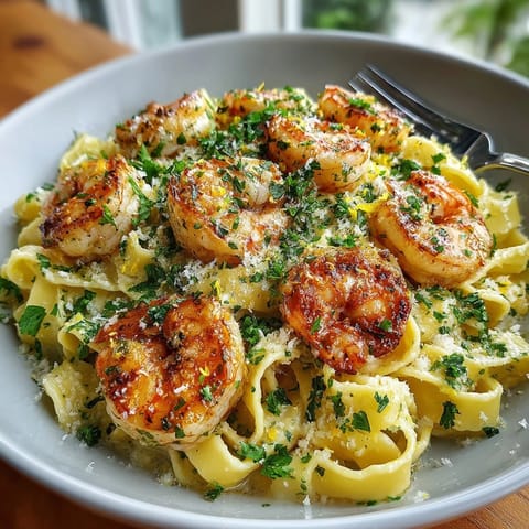 Steaming skillet of One-Pot Garlic Butter Shrimp pasta garnished with fresh parsley and lemon zest.