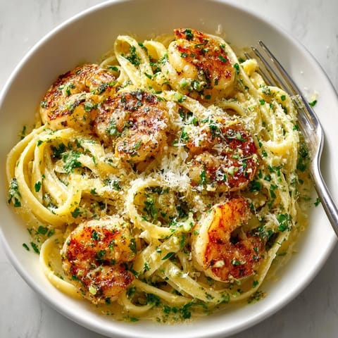 Steaming Creamy Herb Shrimp Linguine with plump shrimp and aromatic herbed cream sauce.