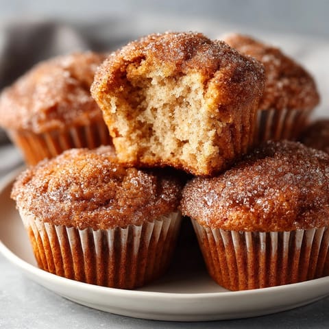 Golden spiced apple cider doughnut muffins glistening with butter and cinnamon sugar topping on a tray