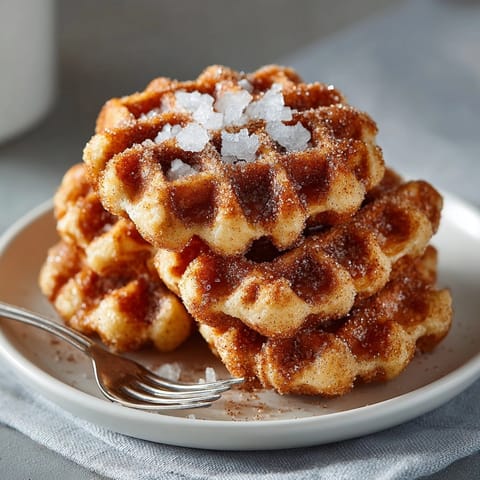 Warm, crispy Cinnamon Waffle Chaos Bites glistening with cinnamon sugar, a sweet breakfast or snack.