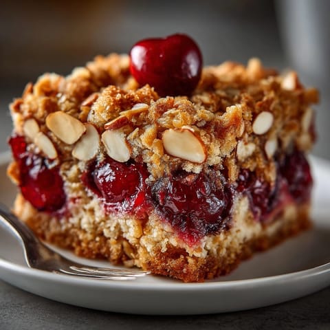 A close-up image of a Cherry-Coded Sour Cherry Oatmeal Bake shows juicy cherries and a sweet almond topping.