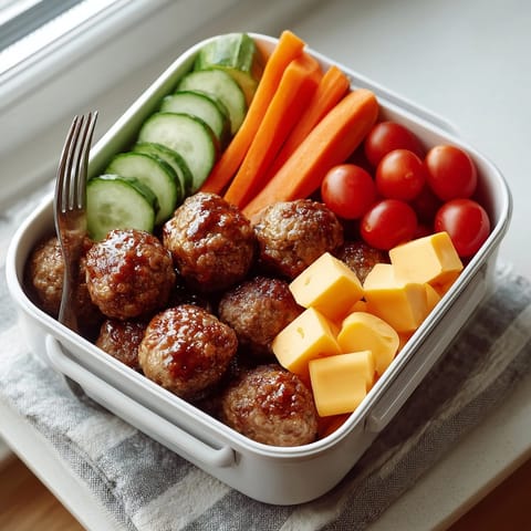 A Cream Soda–Glazed Meatball Snack Box features perfectly baked meatballs, with carrot sticks and cherry tomatoes.