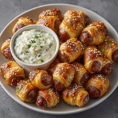 A close-up displays perfectly baked Silly Mini Dogs, ready to be enjoyed with the tangy dill pickle queso.