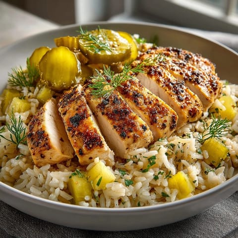 Tender slices of dill pickle chicken and rice pilaf, a savory American comfort food meal.
