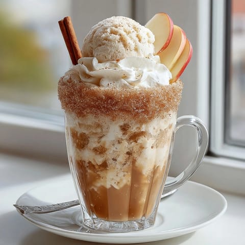 A close-up of a Cream Soda Spiced Apple Float with frothy cream soda and apple garnish, delicious.