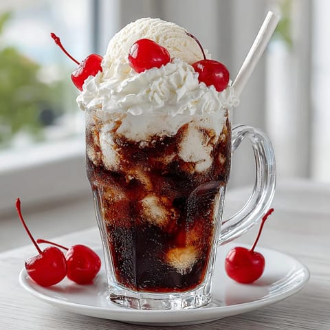 A tall glass presents a vibrant Rebel Float Cherry Cola Cream Fizz, showcasing layers of ice cream and cola.