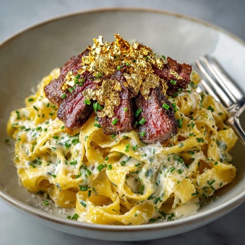 Perfectly seared Wagyu beef tops this creamy pasta, finished with glistening gold leaf, an exquisite dish.