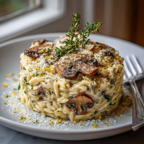 A close-up view of the Wild Mushroom Risotto Pasta: richly textured with vibrant herbs and cheese.