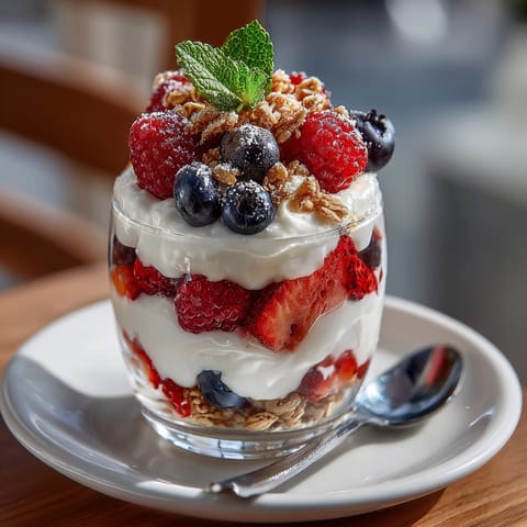 Colorful Ricotta Berry Parfait topped with fresh mint leaves and crunchy granola for brunch.