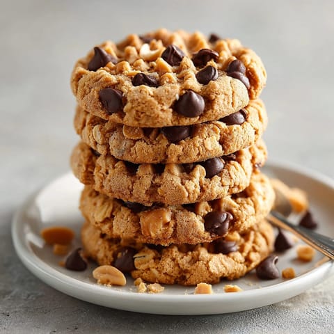 Stack of homemade peanut butter oatmeal cookies on a plate, perfect for dessert or snacks