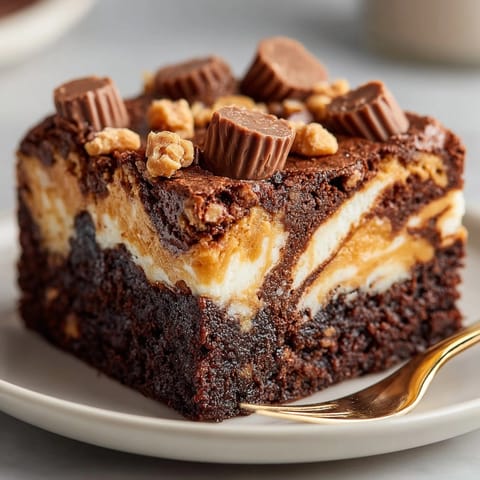 Peanut Butter Cup Brownies cut into fudgy squares, topped with melty mini peanut butter cups and chocolate drizzle.
